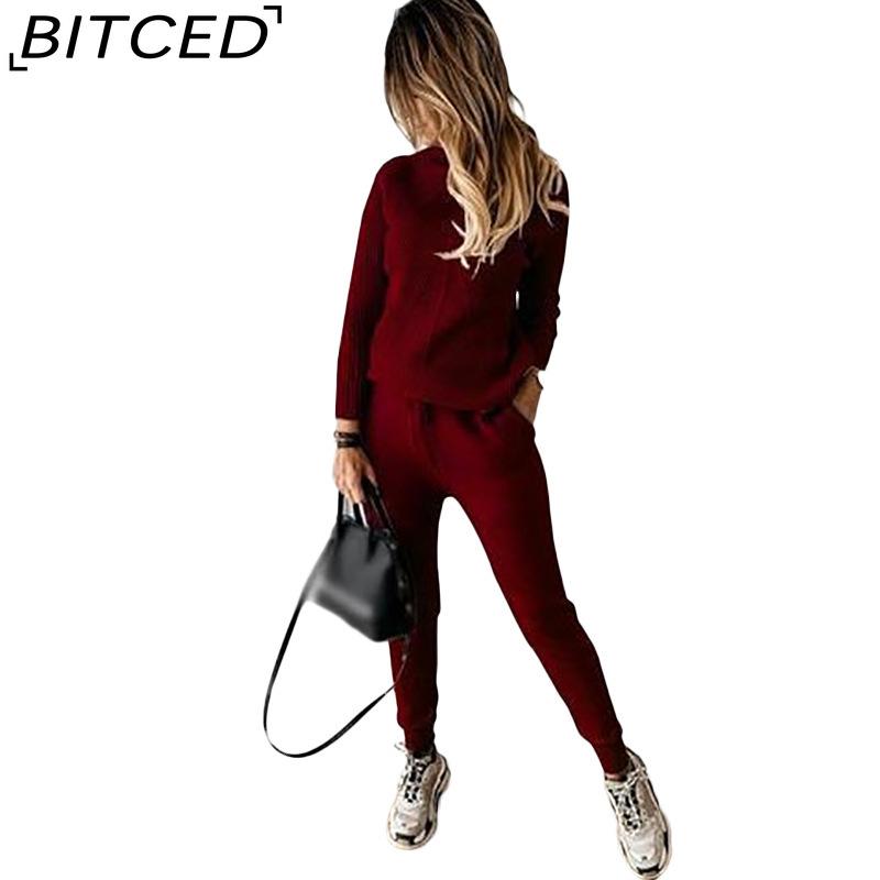 BITCED Осенне-зимний модный повседневный комплект из топа с высоким воротом и брюк для женщин