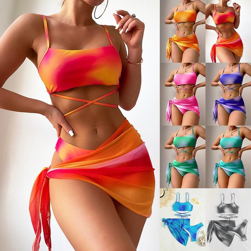 Trendy 3 Piece Tie Dye Print Bikini Swimsuit Beach Cover Up Swim Set for Women
