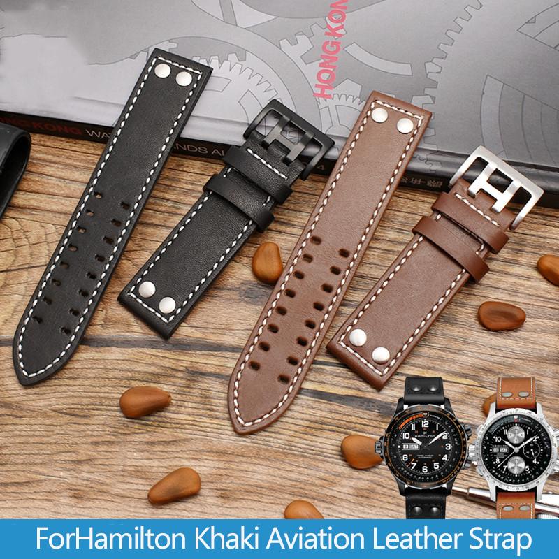 ОДИННатуральная кожаный ремешок для часов Hamilton Khaki Aviation Field Series Мужской ремешок Браслет с заклепками Коричневый 20мм 22ммMN