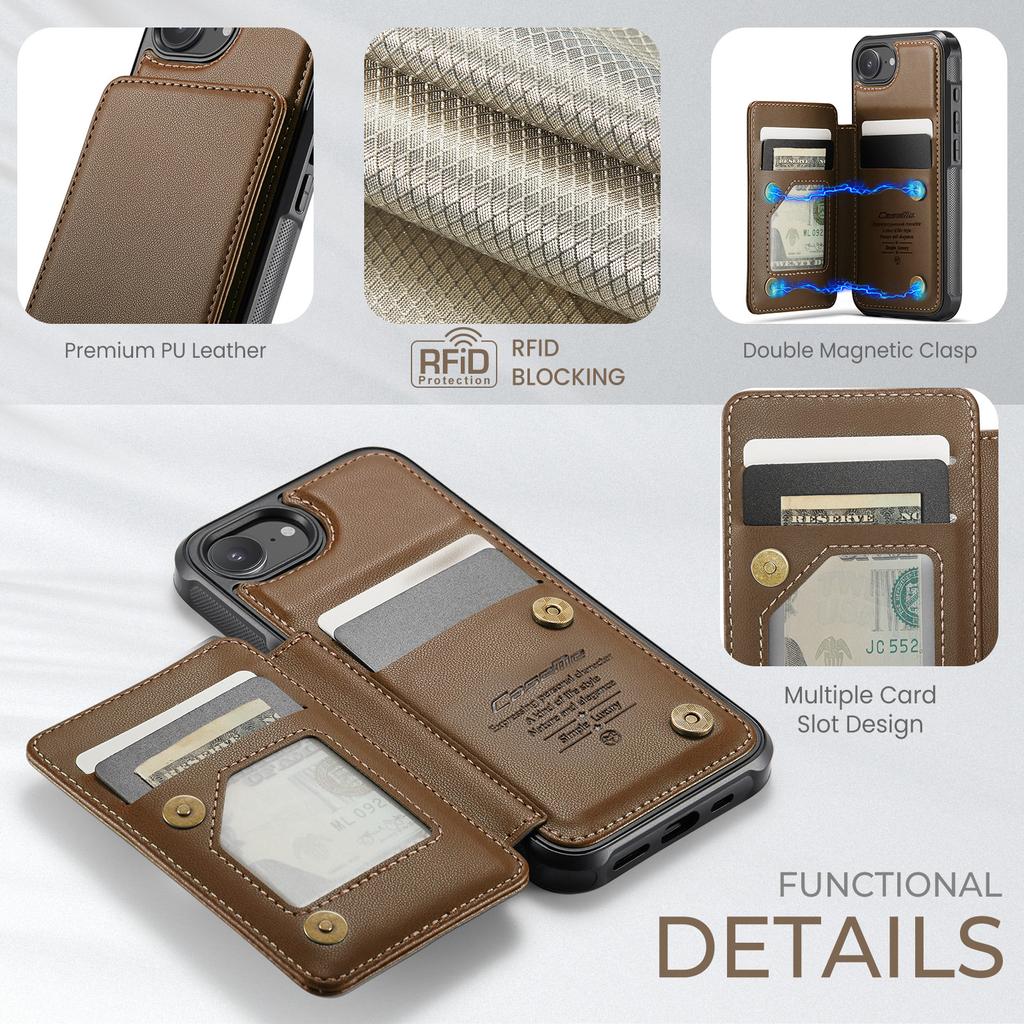 For iPhone 16e Phone Case CASEME C22 Leather Back Cover with RFID Blocking Card Slots