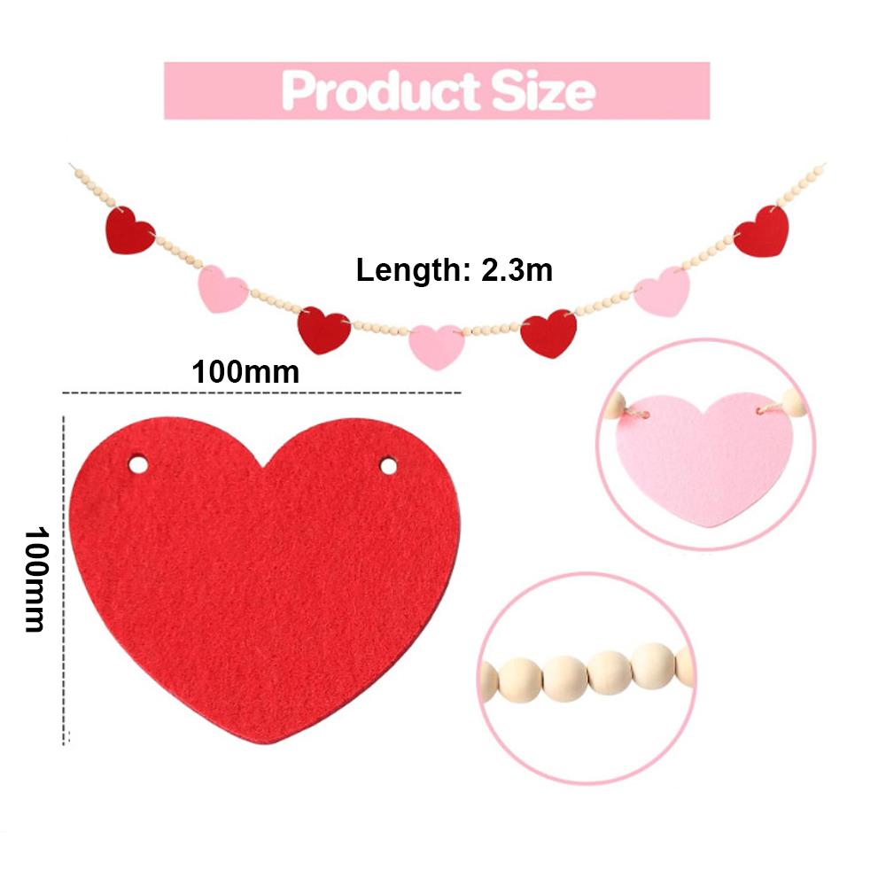Valentines Day Decor Red Pink Felt Heart Wooden Bead Garland Decorative Romantic Hangings Ornaments