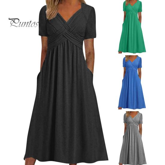 Женское летнее платье с плиссированным ремешком и V-образным вырезом с короткими рукавами, однотонное платье с карманами трапециевидной формы со свободным подолом, дышащее мягкое платье миди для свиданий