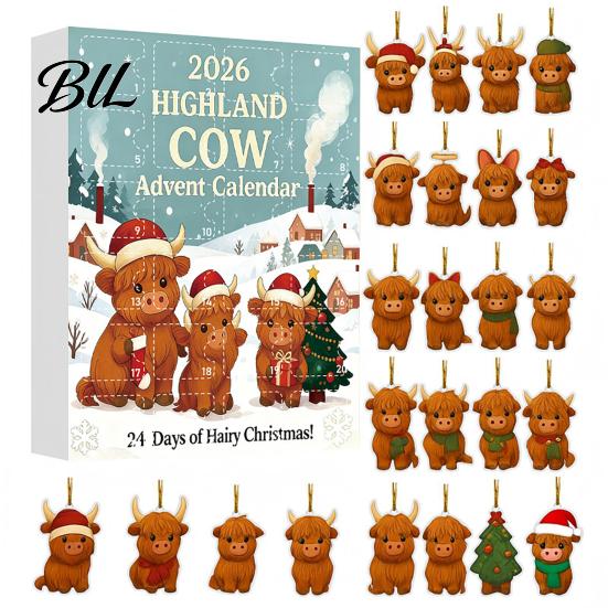 Festive Party Supplies Highland Cow Christmas Advent Calendar with 24 Acrylic Ornaments, Countdown Gift for Box Holiday Tree Hanging Decor And