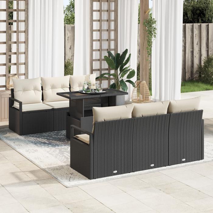 Ensemble de Canapés de Jardin de 7 Pièces avec Coussins Noir Poly Rattan, Canapé de Jardin 2 Places avec Coussins Noir Poly 3348743