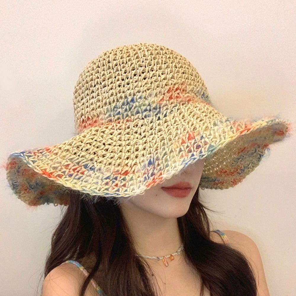 Foldable Wide Brim Straw Hat Colorful Women's Sun Visor Hats Casual Weave Bucket Hat Holiday