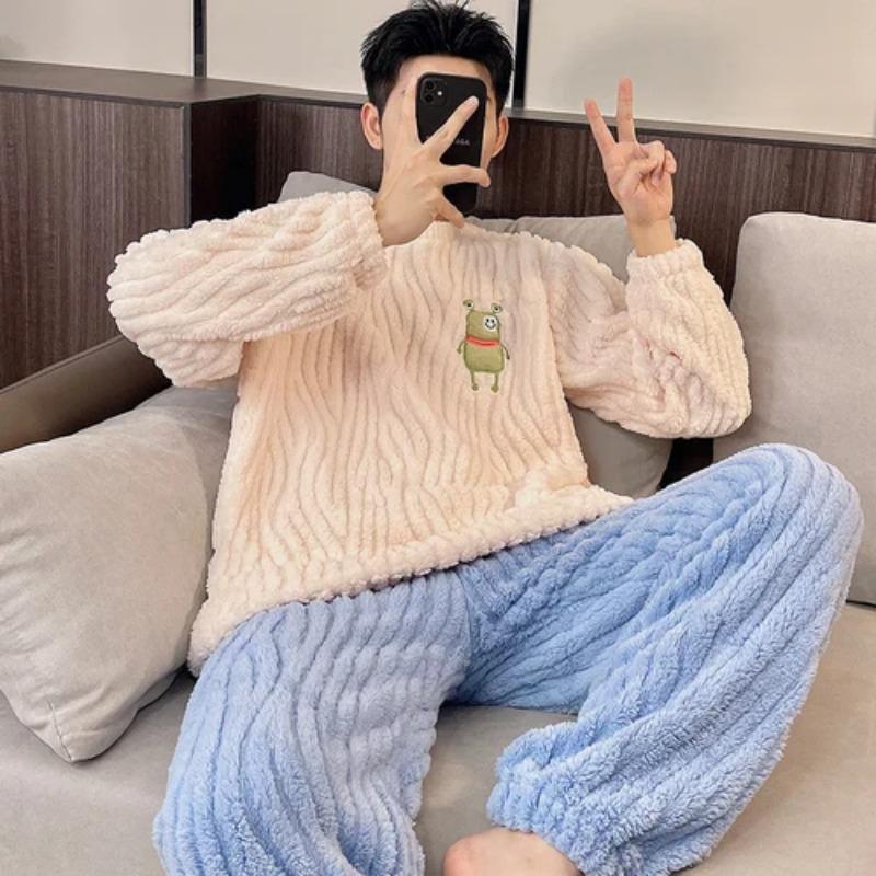 Autumn and Winter Flannel Pajamas Men's Thicken Coral Fleece Youth Student Warm Korean Pijamas Casual Loungewear