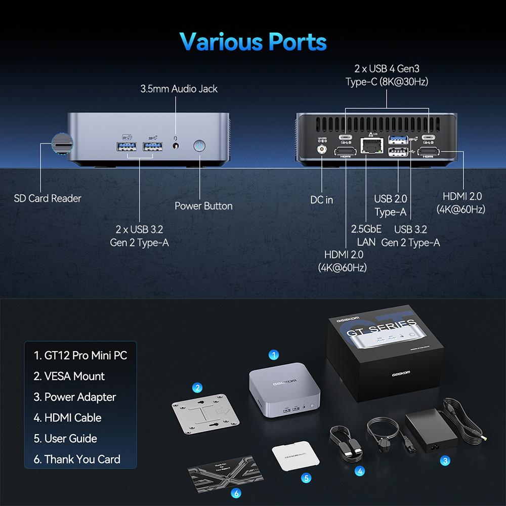 Мини-ПК GEEKOM GT12 Pro, Intel Core i7-12650H 10 Core Max 4.7GHz, 32GB RAM 1TB SSD, 2*USB 4 (8K)+2*HDMI 2.0 (4K) Четырехэкранный дисплей