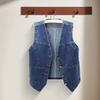 Women Denim Vest with Pockets Sleeveless Buton-down Loose Solid Color Cardigan V Neck