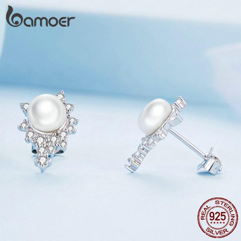 BAMOER Серьги из стерлингового серебра 925 пробы с яркими цирконами и бусинами для женщин, ювелирные изделия