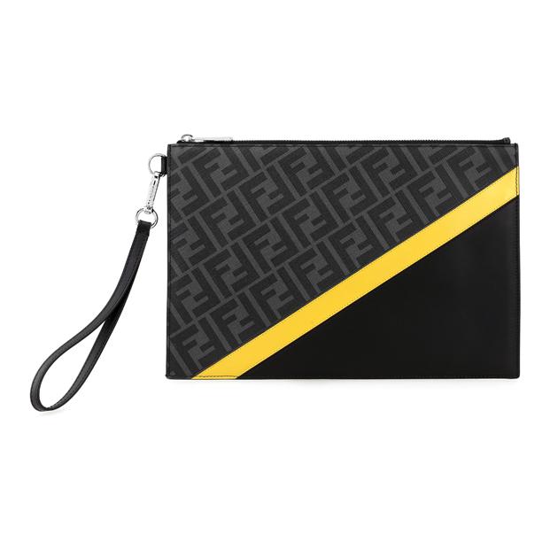 Fendi Монограмма Логотип Узор FF Цветовой блок Полосатый Покрытый Браслет-ремешок Холст И Кожаная Сумка-клатч Мужская Сумка-клатч Черный Серый Желтый 7N0110-A9XS-F0R2A
