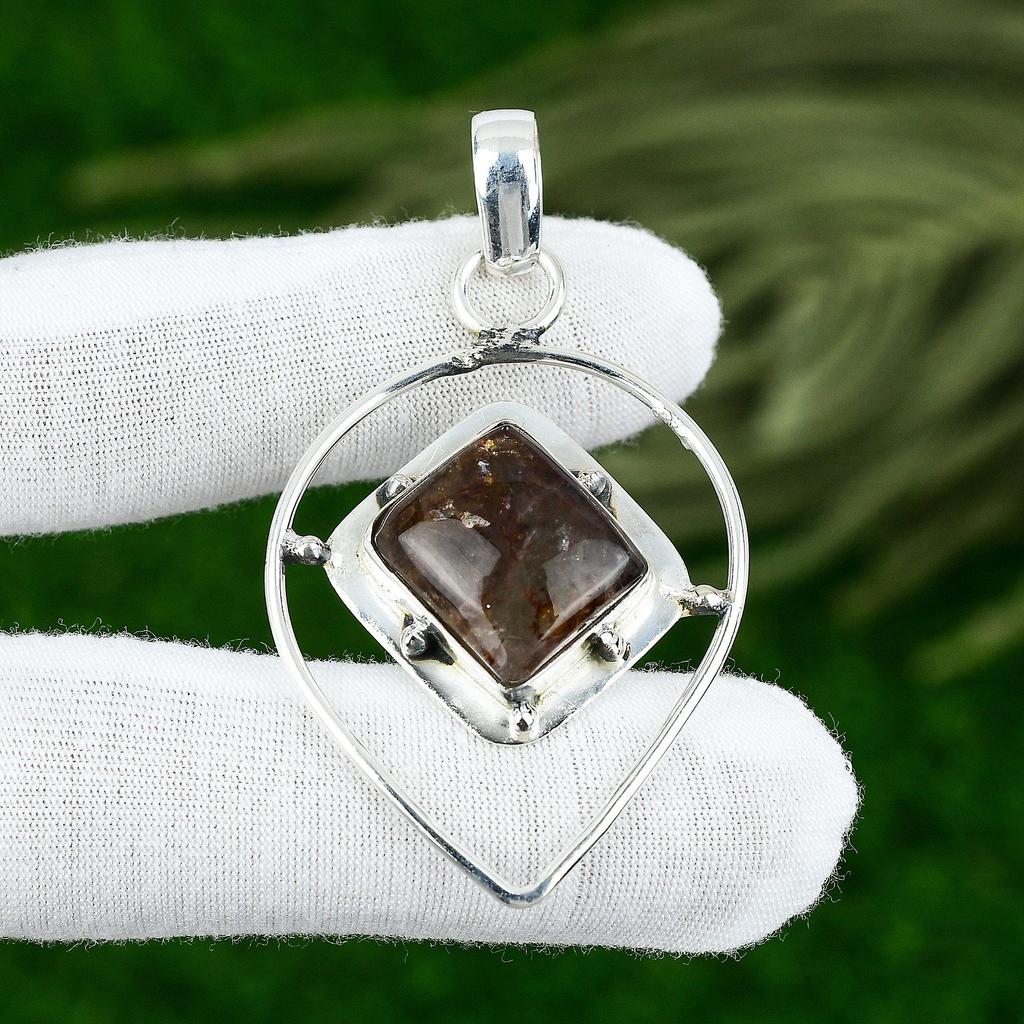 Natural Elestial Quartz Gemstone Pendant Brown 925 Sterling Silver Jewelry