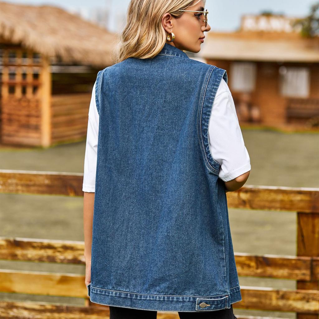 YYFS Женская модная джинсовая осенне-зимняя повседневная куртка-поло без рукавов с воротником с лацканами