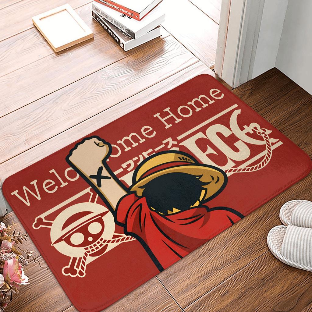 Anime One Piece Front Door Mat Anti-Slip Outdoor Absorbent Straw Hat Pirates Luffy Doormat Garden Garage Entrance Rug Carpet
