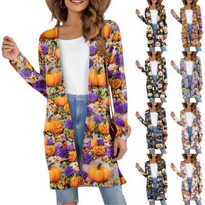 Женский модный повседневный удобный кардиган средней длины с принтом на Хэллоуин и карманами