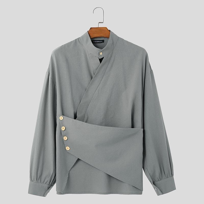 INCERUN Мужские повседневные рубашки с длинным рукавом и крест-накрест