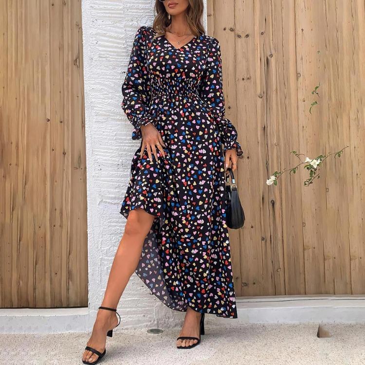 Women Floral Print V-neck Long Sleeve A-Line Dress Spring Summer Casual Elastic High Waist Ankle-Length Dresses