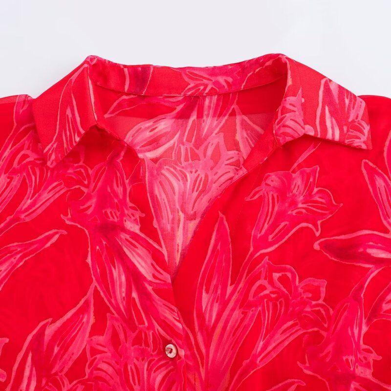 Fashion Style 2024 Autumn New Arrival Women's Stylish All-Match Commute Flower Print Transparent Shirt 8691137