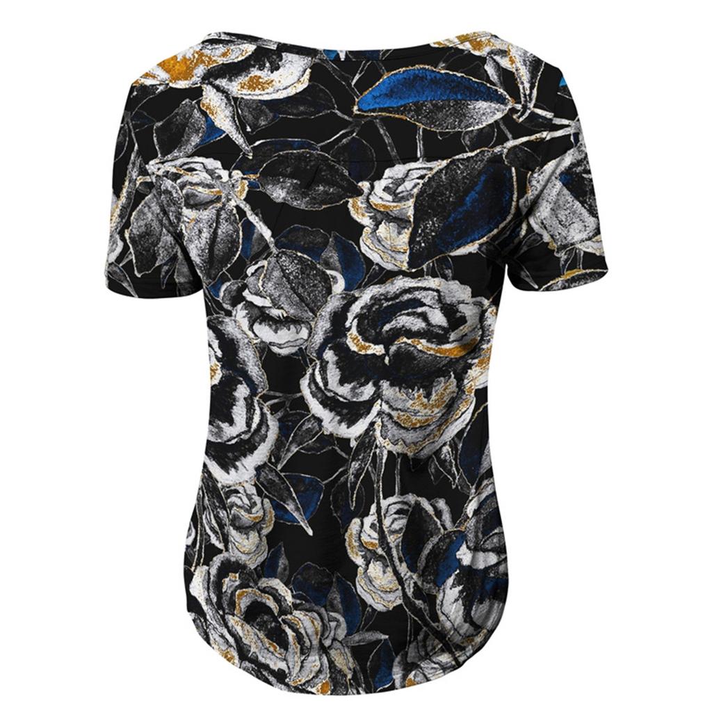 Женская туника с коротким рукавом, свободные топы, повседневные топы больших размеров, плиссированная туника на пуговицах, повседневные летние топы с цветочным принтом для женщин