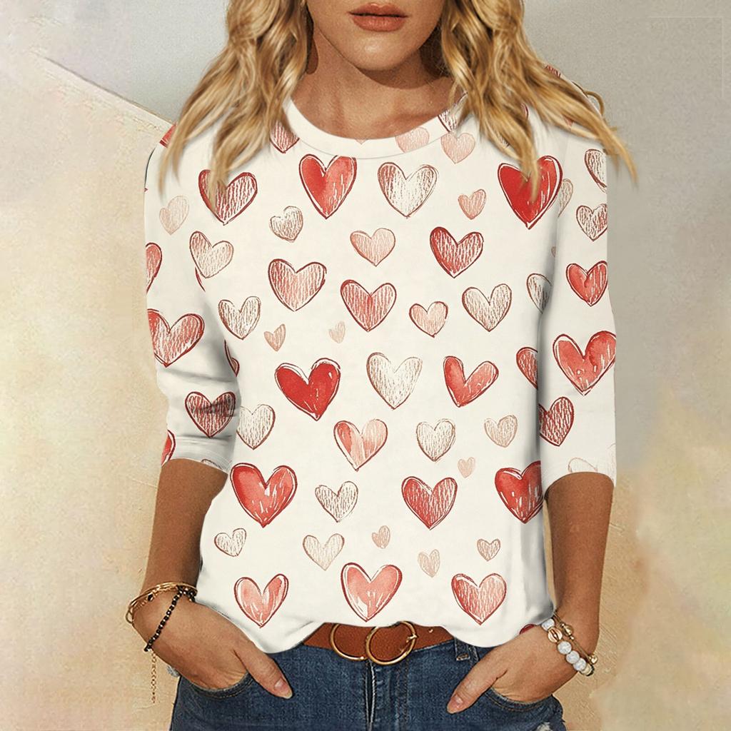 Women's Fashion Casual Round Neck 3/4 Sleeve Loose Valentine's Day Printed T-Shirt Ladies Top