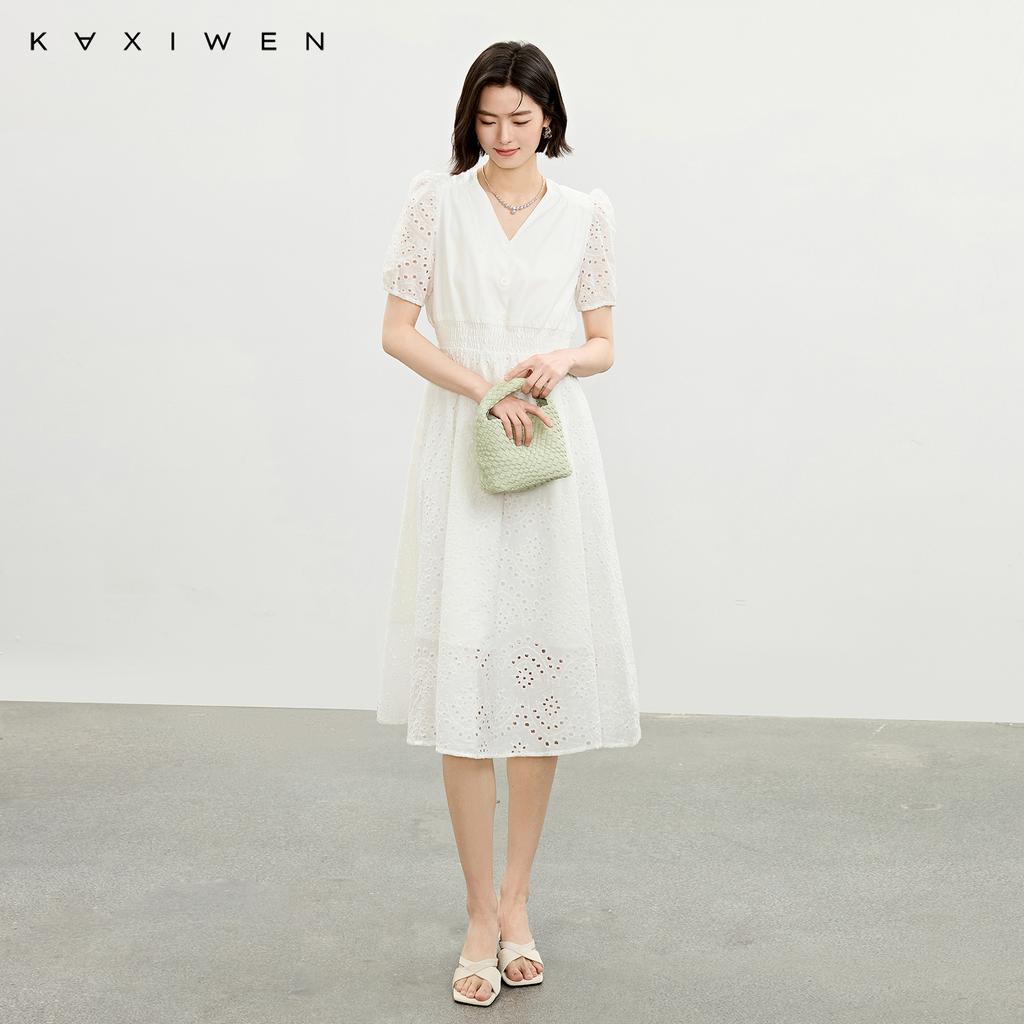 V-neck hollow embroidered white skirt