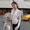 Женская белая футболка из двух частей с кружевной вставкой, с драпировкой на шее и длинными рукавами