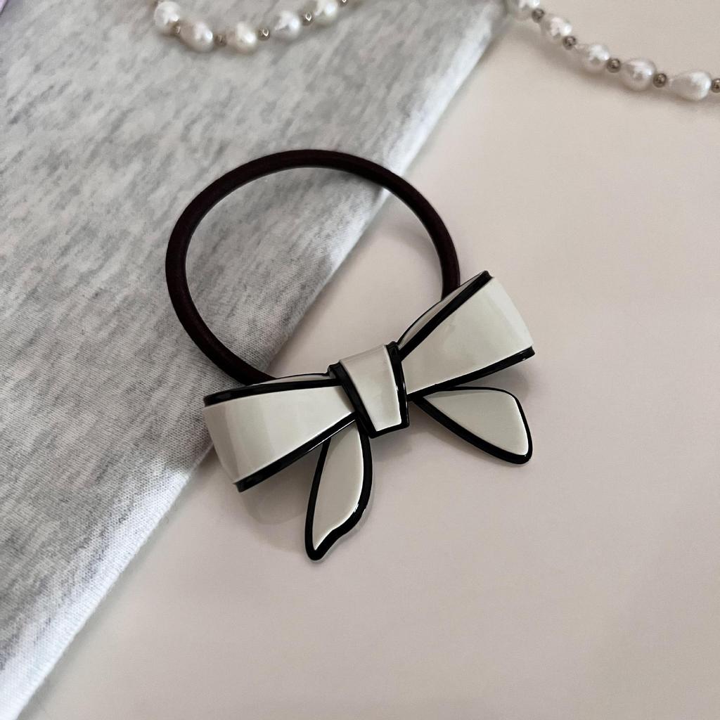 Elegant Acetate Bow Hairpin & Hairband Set - Black and White Clip with Hair Tie.