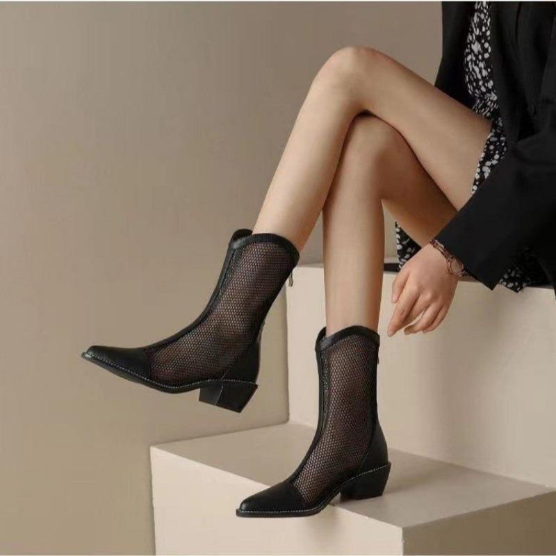 Черные ажурные сандалии женские 2024 лето массивный каблук острый носок молния сзади сетчатые крутые ботинки универсальная женская обувь коричневые ботфорты