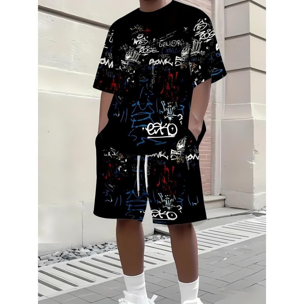 Летняя Мода Мужской Принт с Буквами Дышащая Футболка с Круглым Вырезом Комплект из Шорт На Открытом Воздухе Городской Уличный Повседневный Большого Размера Футболки Топ Женская Одежда