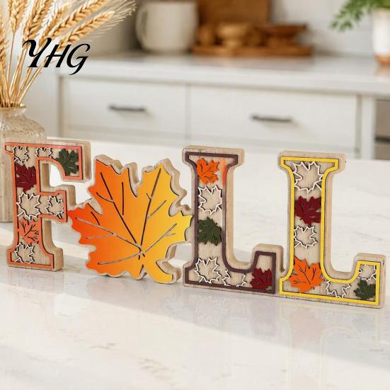 Seasonal Holiday Party Supplies 4Pcs/Set Fall Wooden Tabletop Signs, Autumn Maple Leaf Letter Decorations for Rustic Ornaments Tiered Tray Fireplace