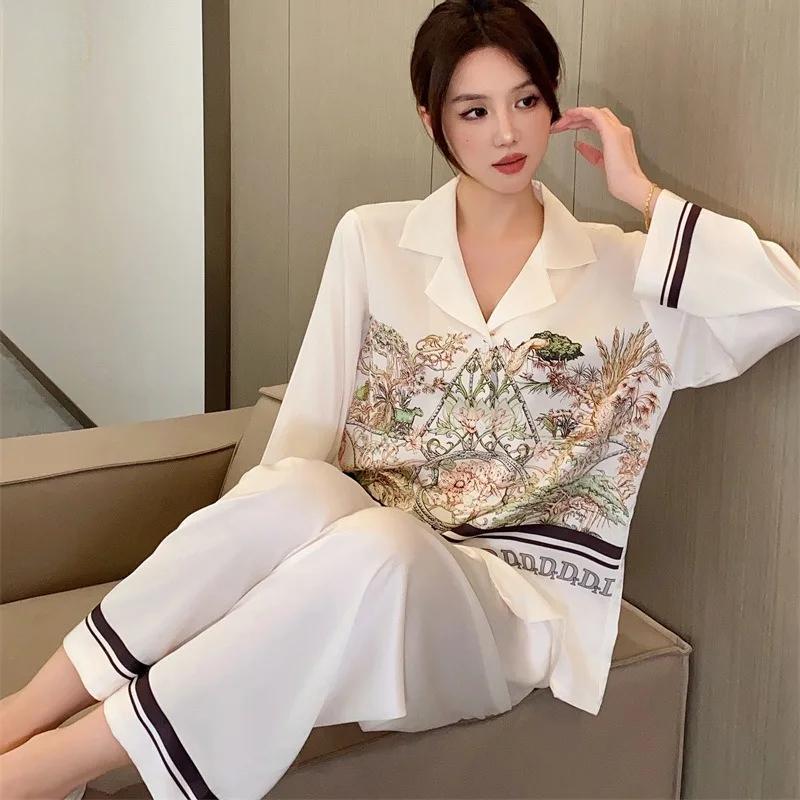 Spring New Cardigan Lapel Ice Silk Women's Pajamas Long-sleeved Trousers Two-piece Home Wear Set