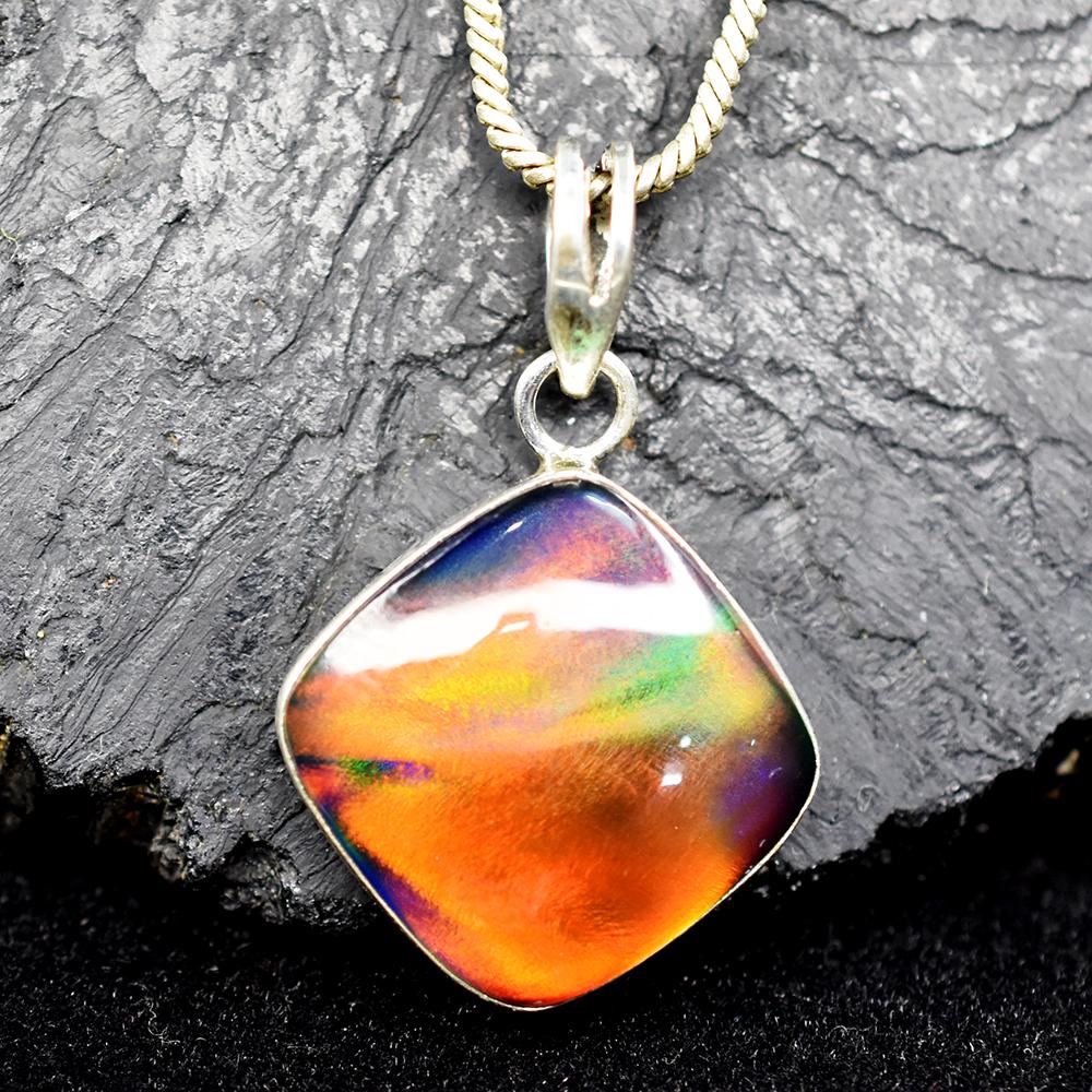 925 Sterling Silver 26ct Natural Ammolite Certifeid Square Pendant Gift for Her Gemstone Jewelry