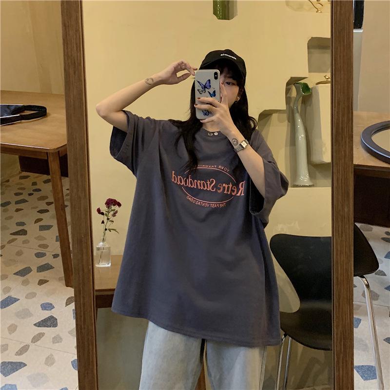 Лето 2024 Корейский Ретро Средней Длины Свободный Большого Размера Модная Женская Футболка с Коротким Рукавом