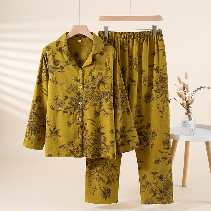 Womens Cotton Loungewear Set Long Sleeve Top Pants Home Sleepwear
