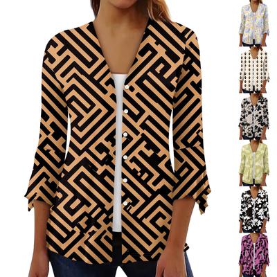 Рубашки с рукавом 3/4 для женщин, свободная футболка с принтом, топы с v-образным вырезом и рюшами на рукавах