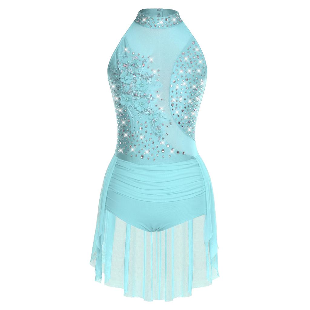 Womens Sparkly Latin Dance Wear Rhinestone Applique Sleeveless Back Hollow Skirted Leotard Gymnastics Bodysuit