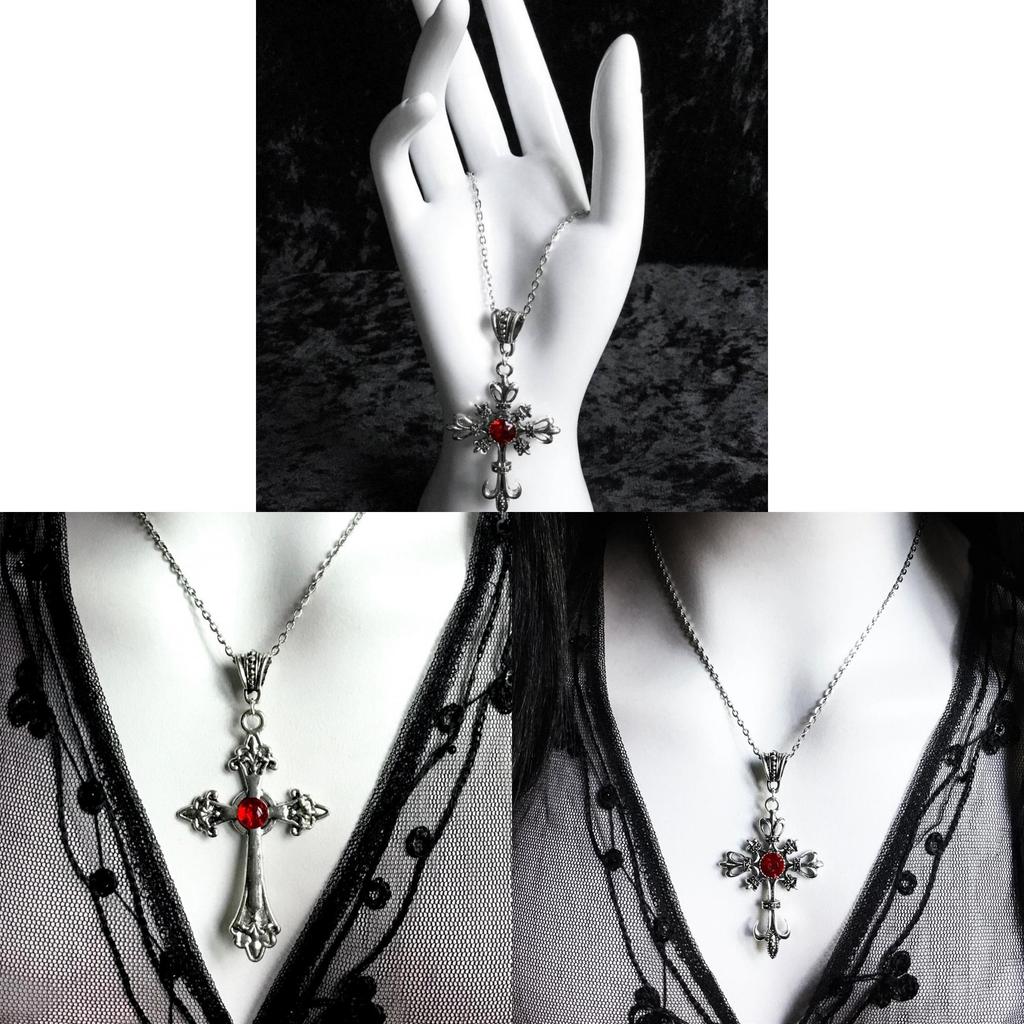 Gothic Baroque Silver Cross Pendant Necklace For Women With Geometric Shape And Glass Material