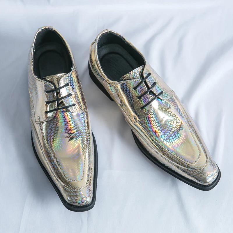 New Men Bright PU Printing Fashion Shoes Low Top Business British Casual Shoes Lace Up Classic Large Sizes 37-46 Men Shoes