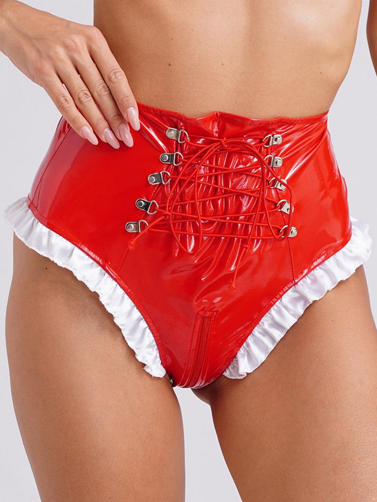 Женский косплей костюм горничной с оборками, трусики с высокой талией, нижнее белье на молнии и промежности на шнуровке, сексуальные трусы, нижнее белье для ночного клуба, танцевальное шоу