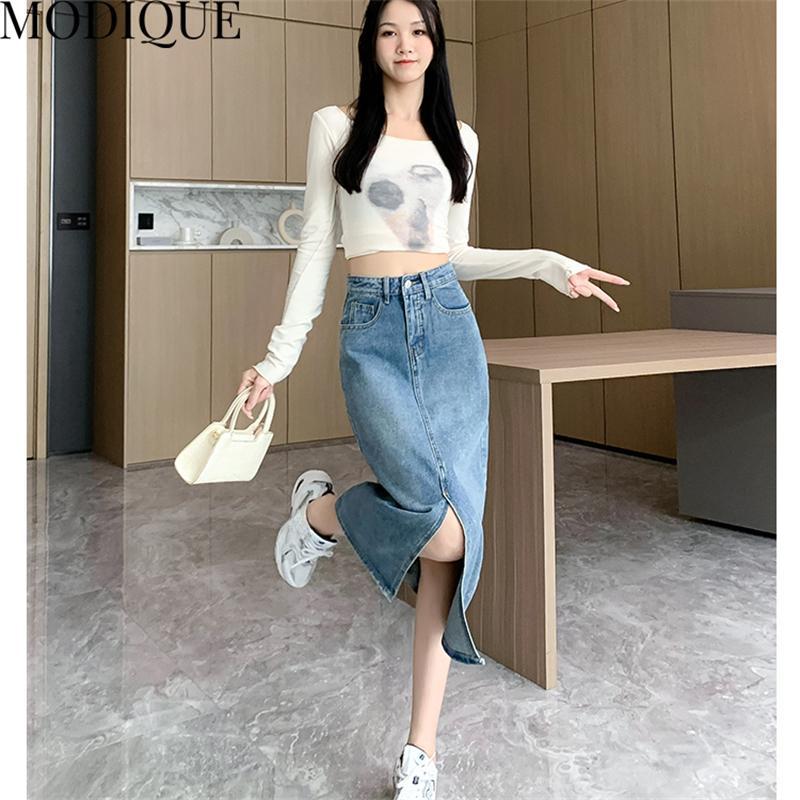 MODIQUE, осенняя новая женская повседневная винтажная джинсовая длинная юбка трапециевидной формы с высокой талией, женская свободная однотонная милая рваная синяя юбка, зимняя