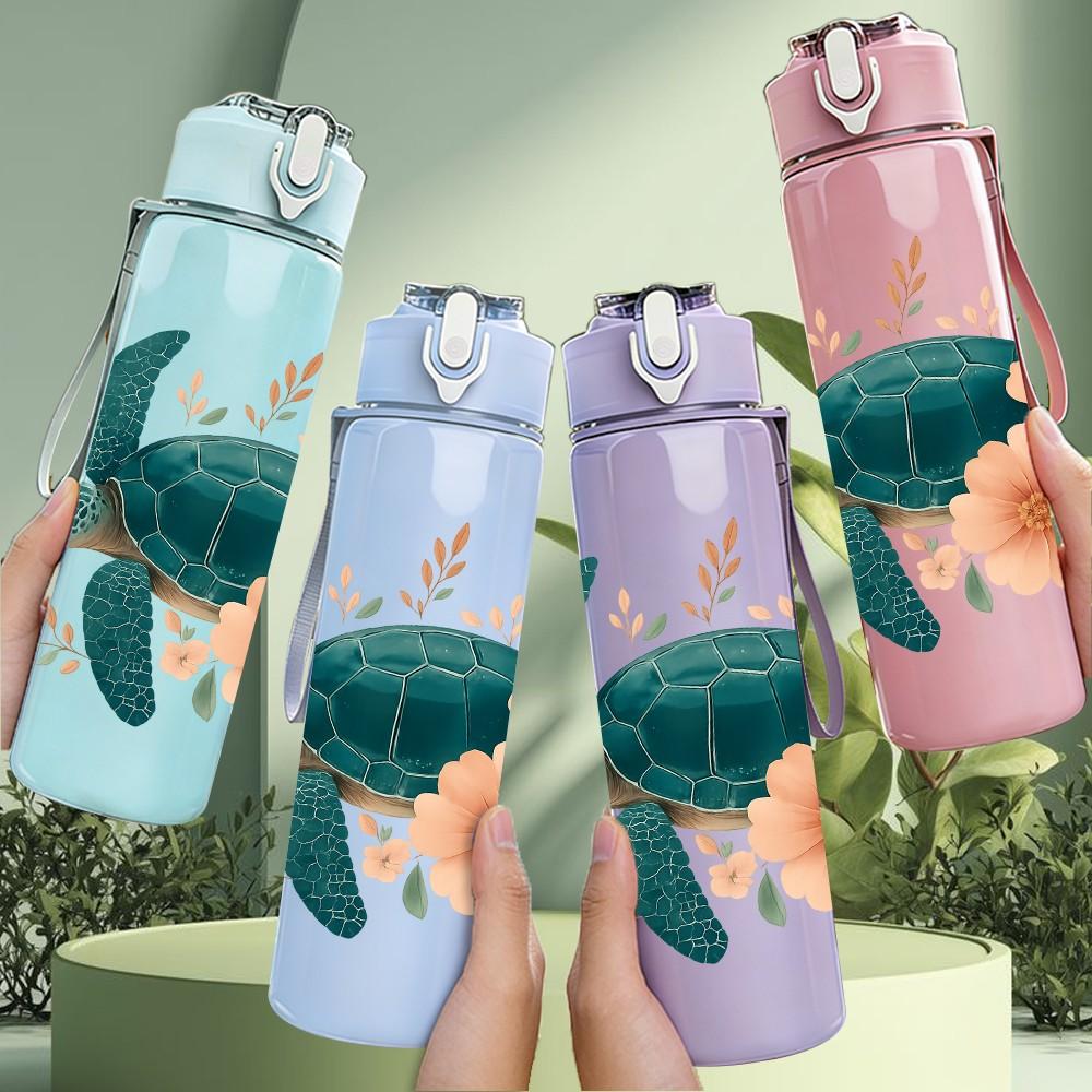1PC Floral Sea Turtle Print 750ml Color Plastic Sports Water Bottle Leakproof Flip Straw Lid Suitable for Sports Office Home Use