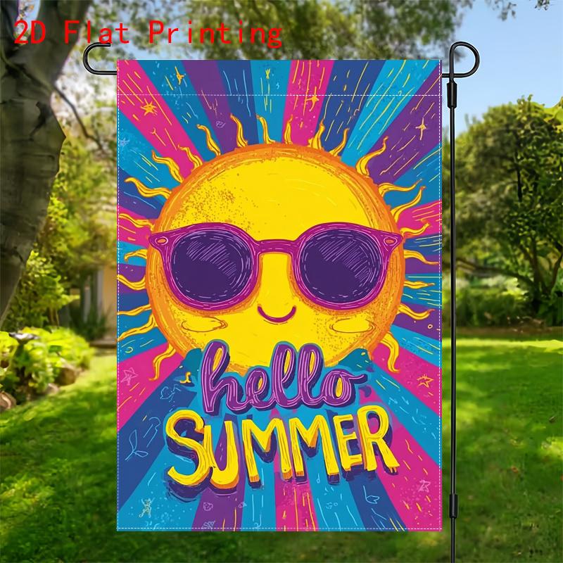 2D Flat - 2D Printing, 1pc Garden Flag Vintage Pop Art Style Hello Summer (1) - Hanging Decorations, Suitable for Festive Outdoor Decorations, Yard De