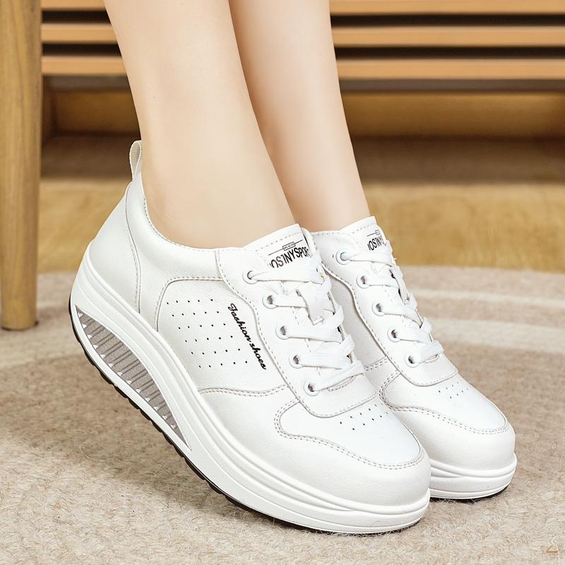 Women's Height Increase White Leather Wedge Sneakers Casual Thick Sole Loafers Girls Minimalist Maternity Shoes
