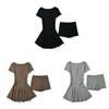 Minimalist Black Knitted Twopiece Set With Short Skirt And Top For Casual Wear