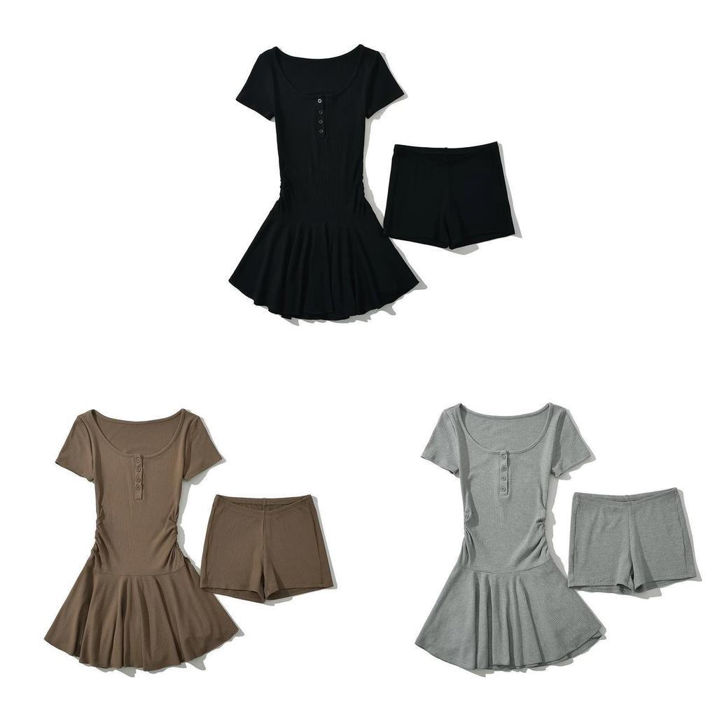 Minimalist Black Knitted Twopiece Set With Short Skirt And Top For Casual Wear