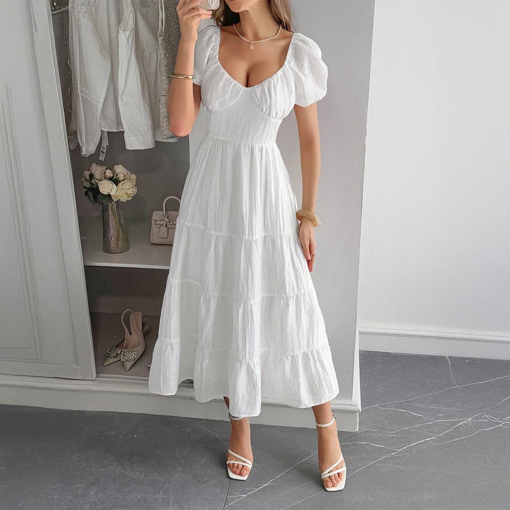 Повседневный отпускной стиль Платье миди с пышными рукавами Женская одежда 2025 Лето