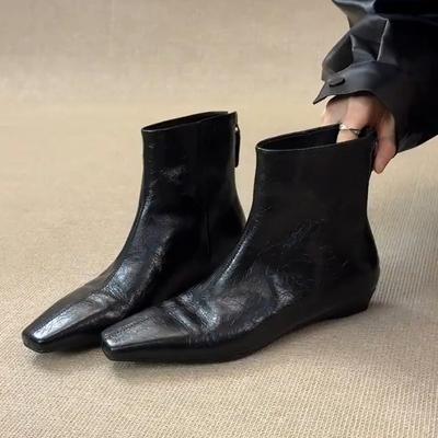 Версия из телячьей кожи! Огромные красивые короткие ботинки для женского универсального通勤 стиля, квадратный носок, задняя молния и ботильоны, внутренняя платформа