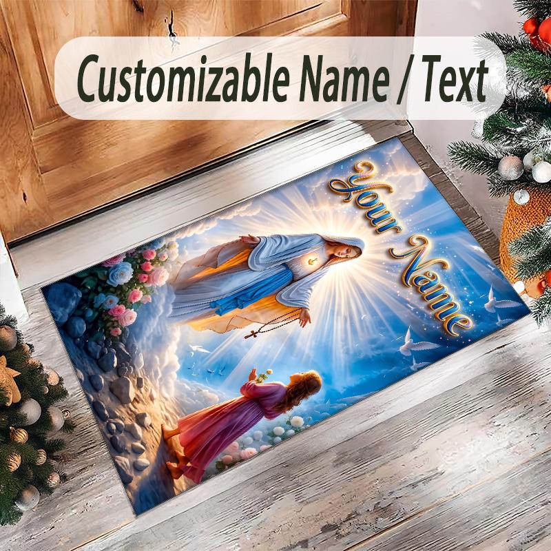 Virgin Mary Theme Crystal Velvet Rug Personalized Custom Name Text Soft Floor Mat Home Decor