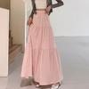 Women Maxi Skirt Elastic High Waist Ruffle Stitching Large Hem Long Skirt Solid Color A-Line Summer Casual Skirt
