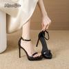 Модные женские туфли на высоком каблуке, черные, абрикосовые, туфли для вечеринки, элегантные босоножки на тонком высоком каблуке с открытым носком и ремешком на щиколотке, свадебные банкетные туфли