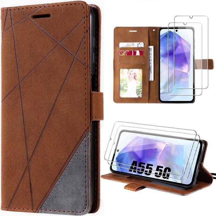 Coque de protection - BOOLING - pour Samsung Galaxy A55 5G - Simili cuir antichoc - Marron - 2 Verres Trempés